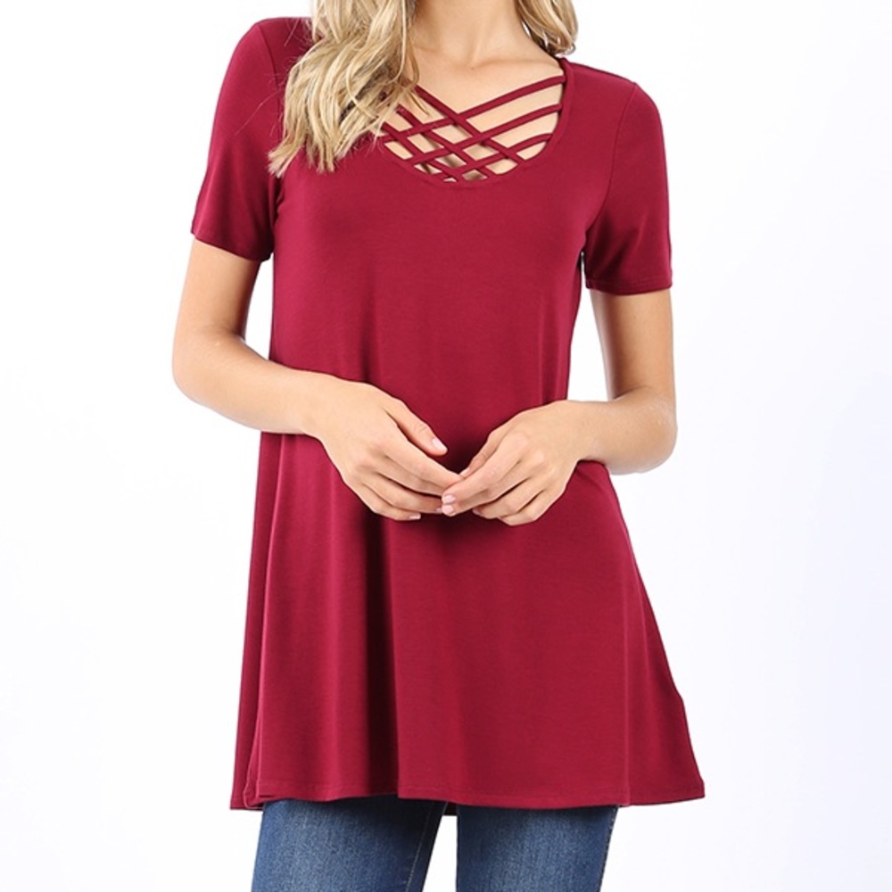 Zenana Triple Lattice Criss Cross Shirt